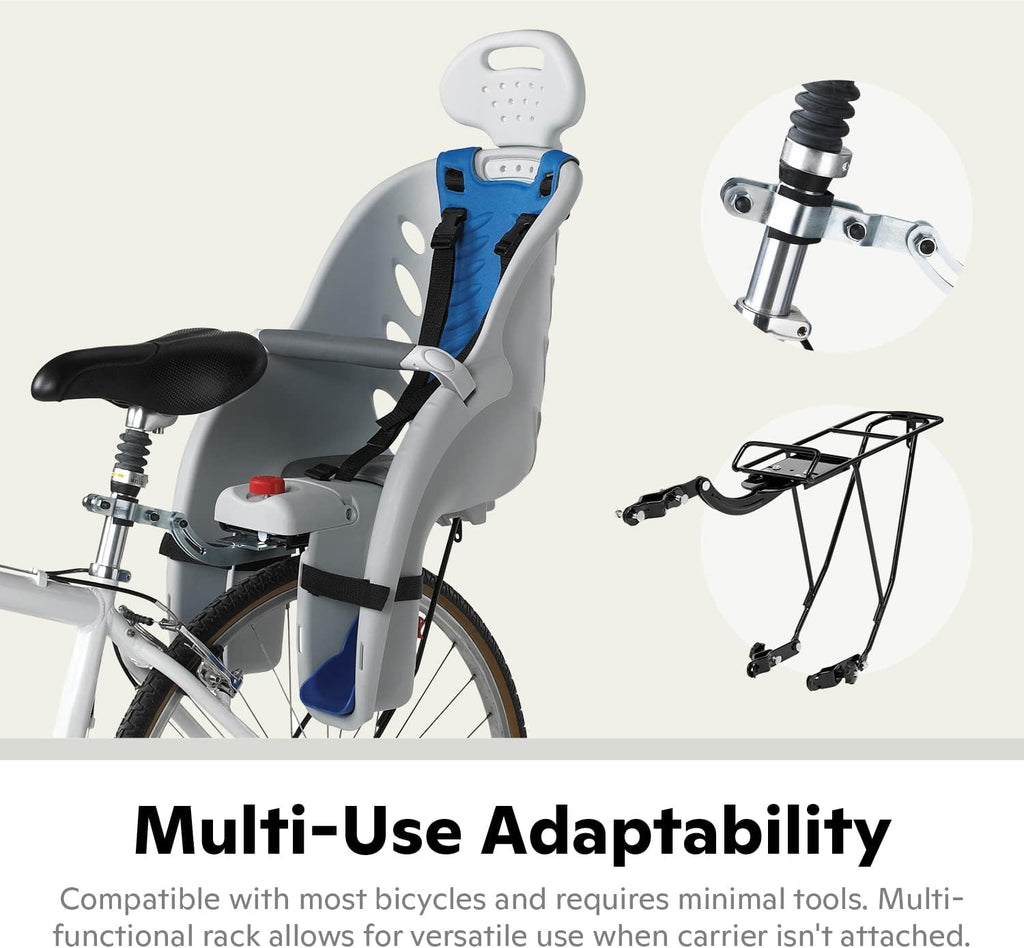 Schwinn Deluxe Child Bike Carrier, Seats one Kid Ages 1+, Frame Mount, Adjustable Safety Harness, Quick Release Design, Comfortable Padding, Rear-Mounted Child Bike Seat for Toddler