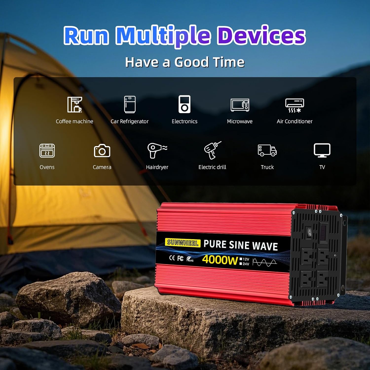 SUNWHEEL 4000W Pure Sine Wave Inverter, Solar Off-Grid Inverter, 12V DC to 110V 120V AC for RV、Microwave、Truck、Refrigerator、Freezer、TV、Air Conditioner with 4 AC outlets and LCD Display