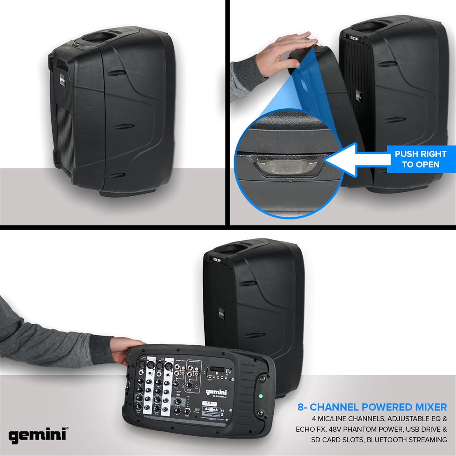 Gemini Portable PA System with Bluetooth, Powered System with 6-Channel Mixer, Dual 10' Speakers, Mic & Cables—All-in-One for DJs, Events, Fitness & Worship (ES-210MXBLU)