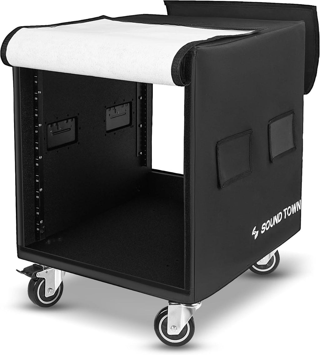 Sound Town 12U PA/DJ Rack/Road Case with 12-Space, Industry-Grade 0.7' (18mm) Plywood with Polyurea Coating, Rain Cover, Casters, 21.7' Rackable Depth - Pro Tour Grade (STRCP-12UW)