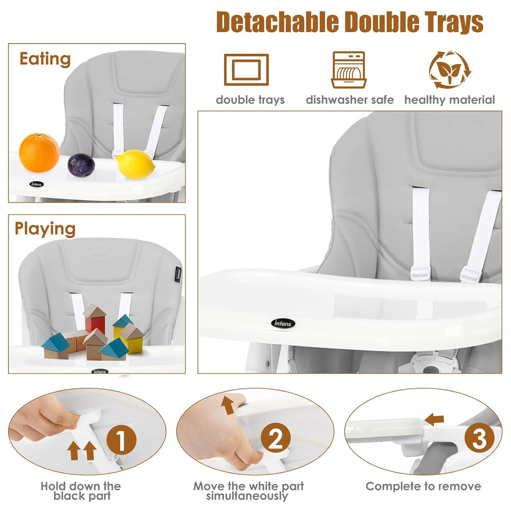 INFANS High Chair for Babies & Toddlers, Foldable Highchair with Multiple Adjustable Backrest Footrest Seat Height, Removable Tray, Detachable PU Leather Cushion Wheels (with Booster, Light Grey)