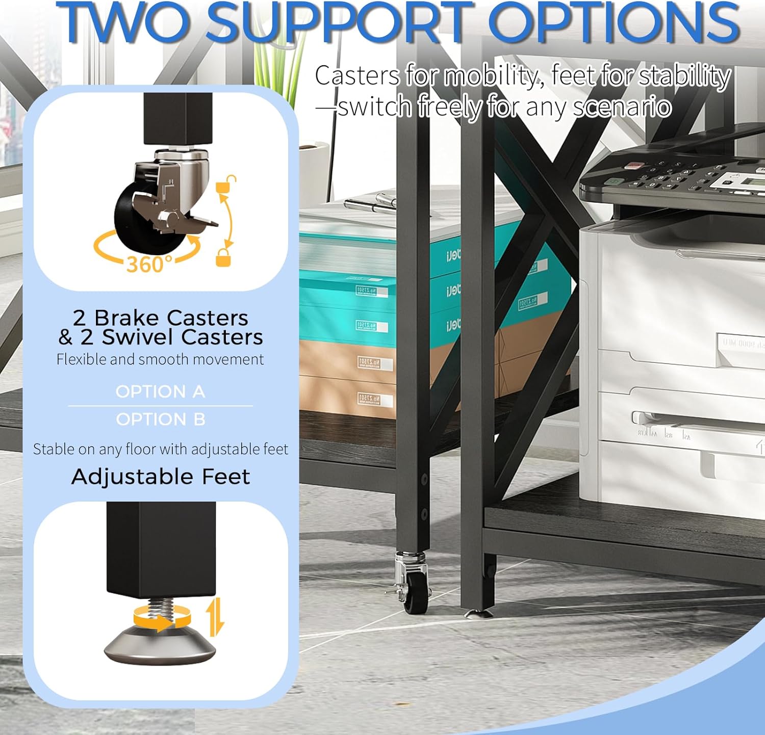METYERRY Large Printer Stand with Power Outlet, with Storage Shelf, 2 Tier Rolling Printer Cart with Industrial Wheels, 23.6 x 23.6 Inches Printer Table for Home Office,Black