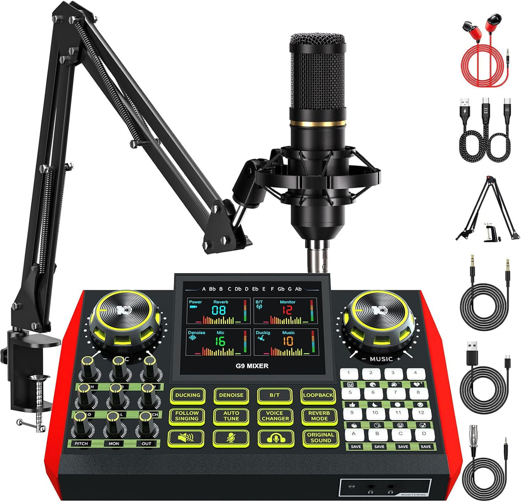 G9 Podcast Equipment Bundle with 3.5mm Condenser Microphone for Pc/Phone Live Streaming Singing Gaming, Podcast Microphone Bundle with Live Sound Board Audio Mixer,Voice Changer, Denoise,DJ Sets