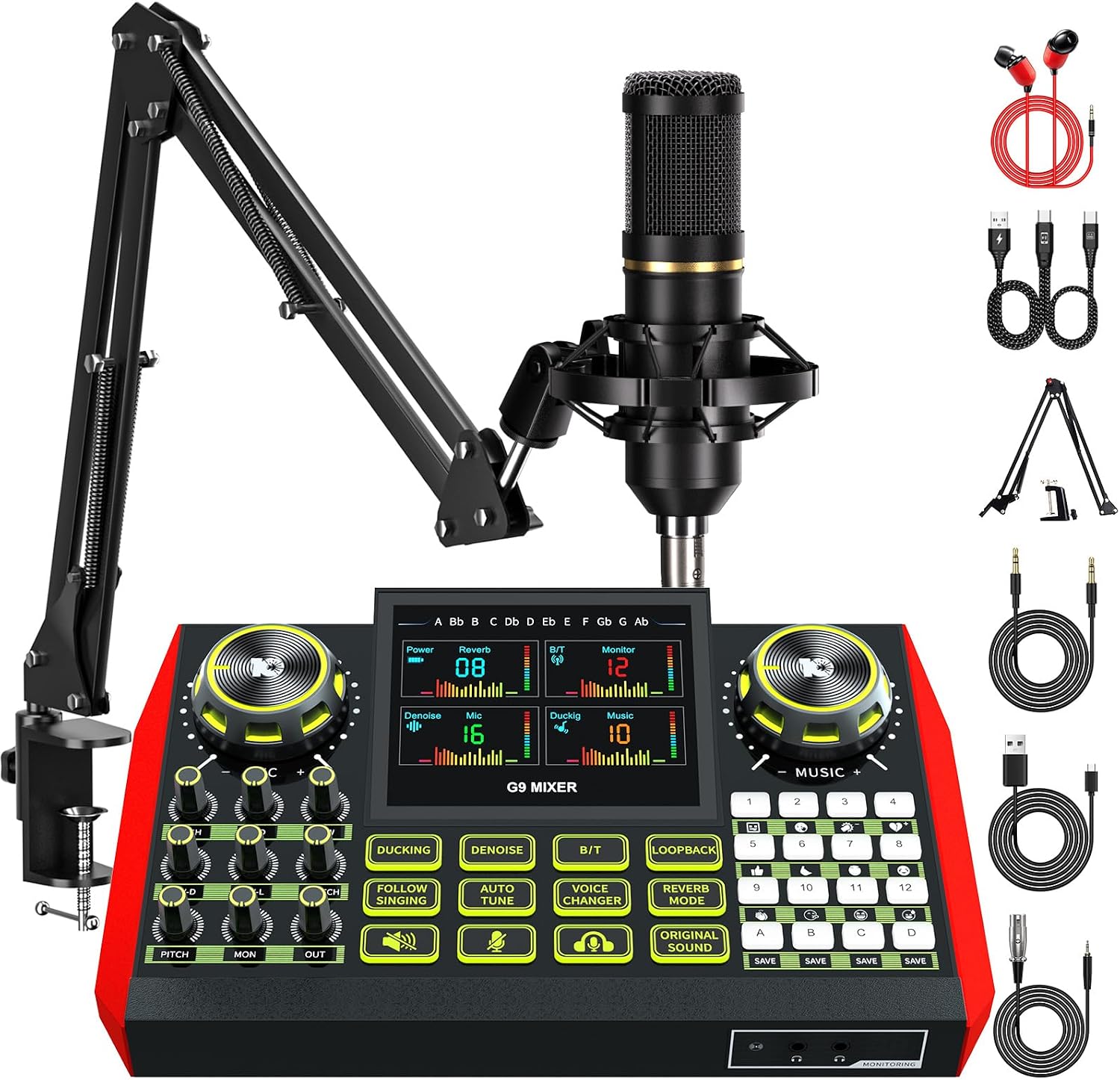 G9 Podcast Equipment Bundle with 3.5mm Condenser Microphone for Pc/Phone Live Streaming Singing Gaming, Podcast Microphone Bundle with Live Sound Board Audio Mixer,Voice Changer, Denoise,DJ Sets