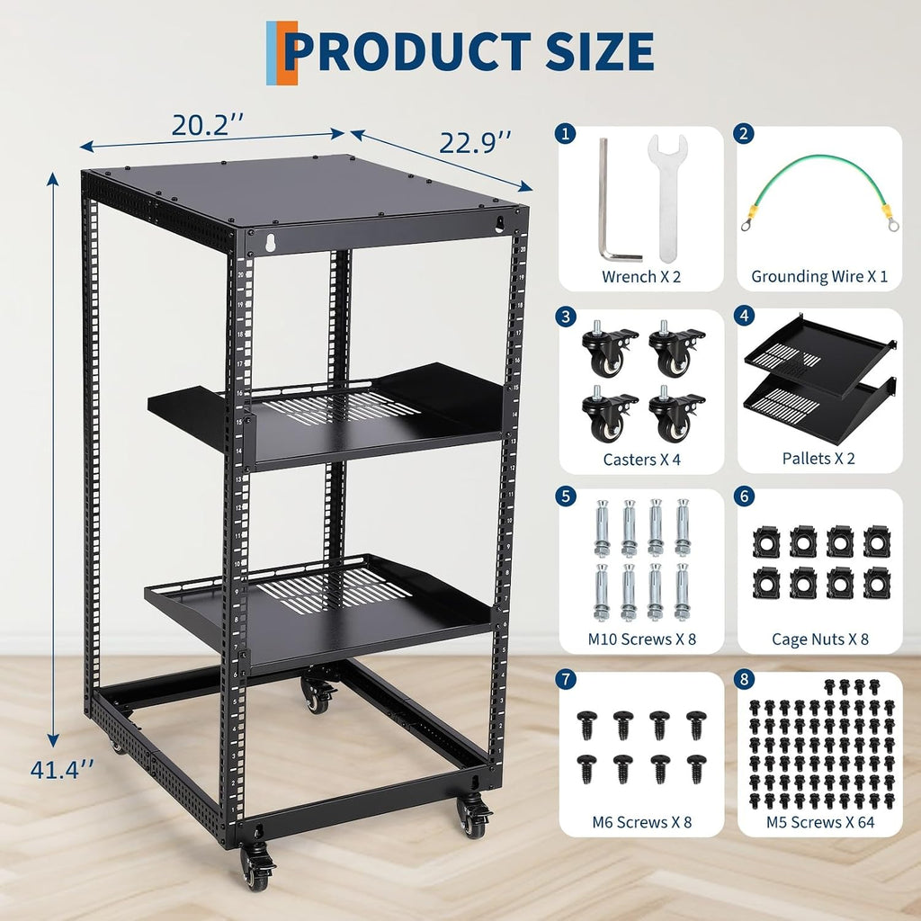 GarveeTech 20U Open Frame Server Rack, 23 in -40 in Adjustable Depth, Wall Mount & Free Standing Network Rack with 4 Lockable Casters & 2pcs 1U Server Rack Shelf, Holds All Your IT/AV Equipment Rack
