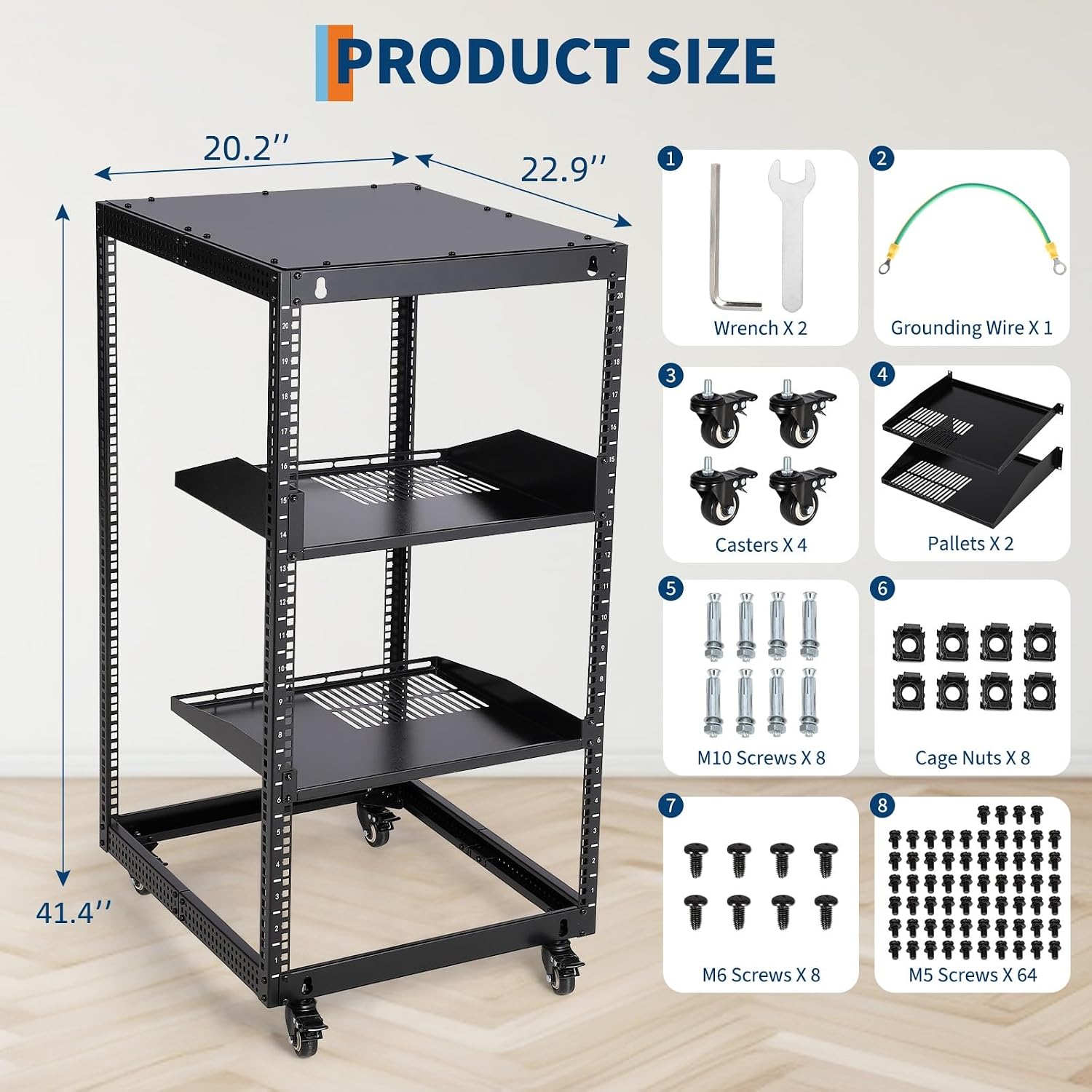 GarveeTech 20U Open Frame Server Rack, 23 in -40 in Adjustable Depth, Wall Mount & Free Standing Network Rack with 4 Lockable Casters & 2pcs 1U Server Rack Shelf, Holds All Your IT/AV Equipment Rack