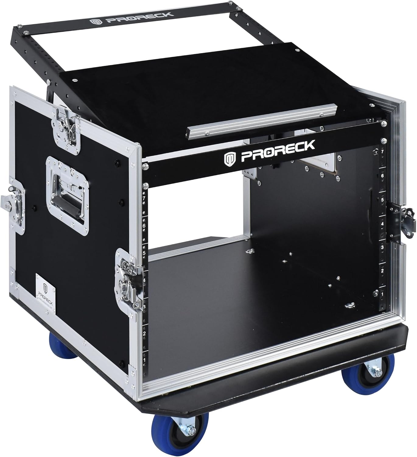 PRORECK 8U Rack/Road Case With Slant Mixer Top, And Casters, 20'' Rackable Depth, Plywood, 8U Installation Size, Pro Stage Performance.