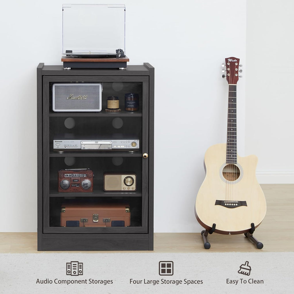 LEVNARY Media Cabinet with Door, Black 5-Tier Stereo Cabinet with Adjustable Shelves, AV Media Storage Shelf with Cable Management, Audio-Video Rack Stand for Living, Gaming, Recording Room (Black)