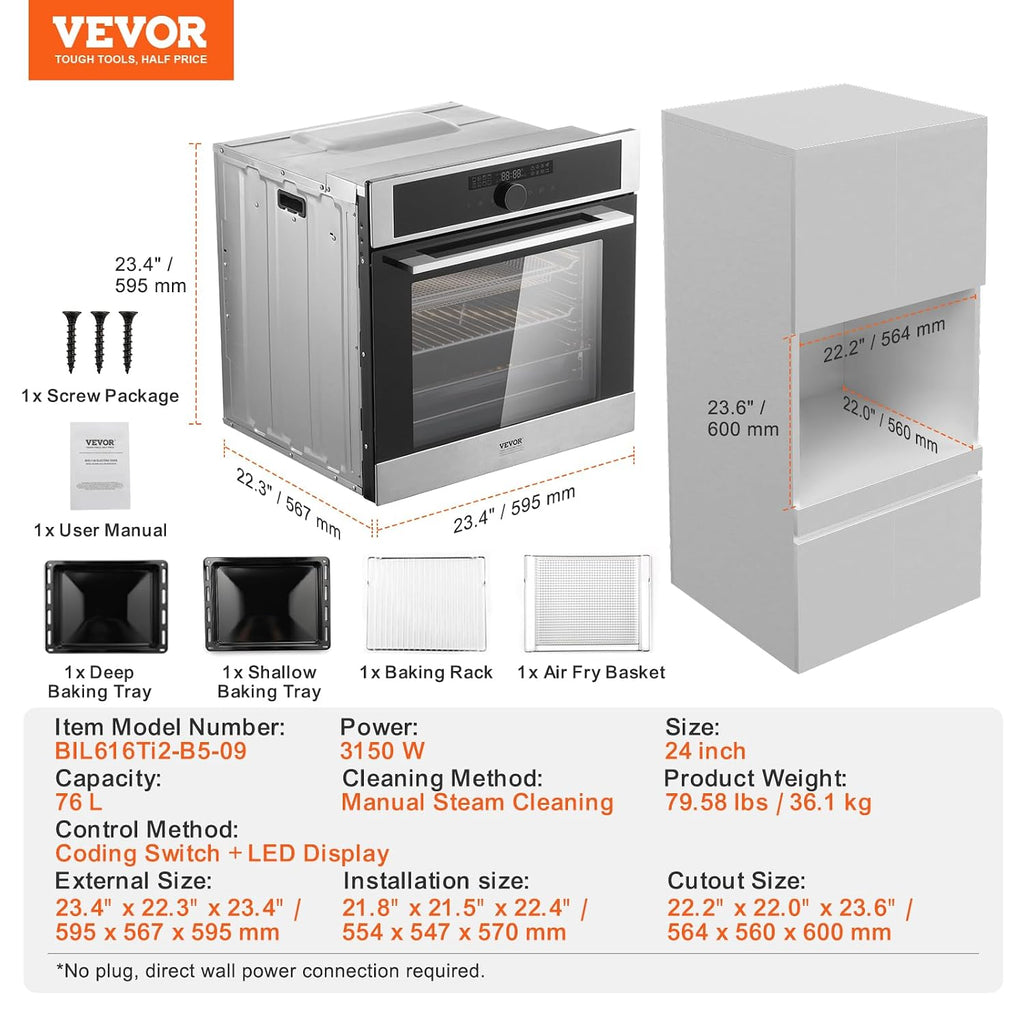 VEVOR Single Wall Oven, 24' Electric Built-in Wall Oven with 16 Cooking Functions, 2.68 Cu.Ft Electric Wall Ovens with Timer, 3150W 76L Large Capacity Ovens with Baking Rack and Tray, for Kitchen