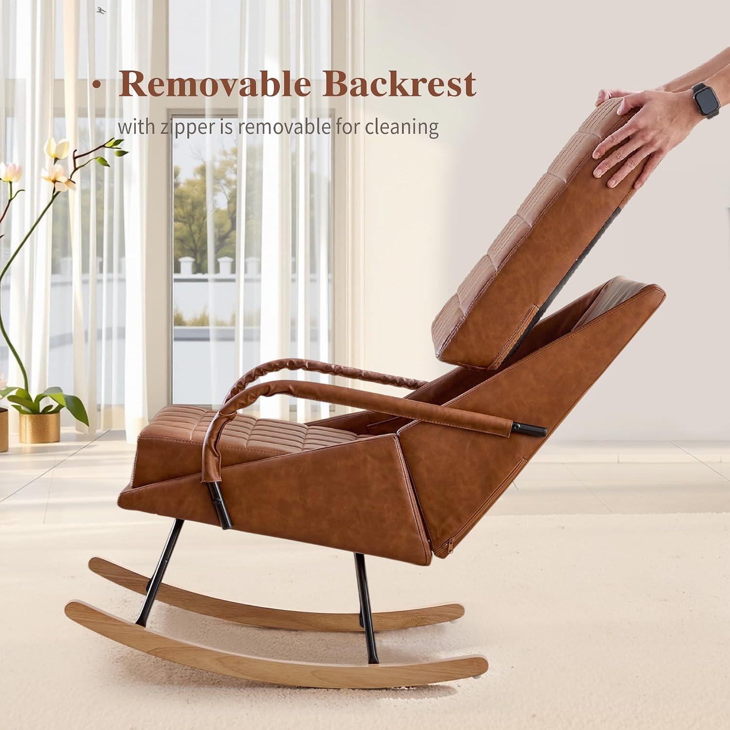 VECELO Rocking Chair Nursery, Oversize Leather Glider Rocker with Padded Cushion, Upholstered Removable High Back, Brown