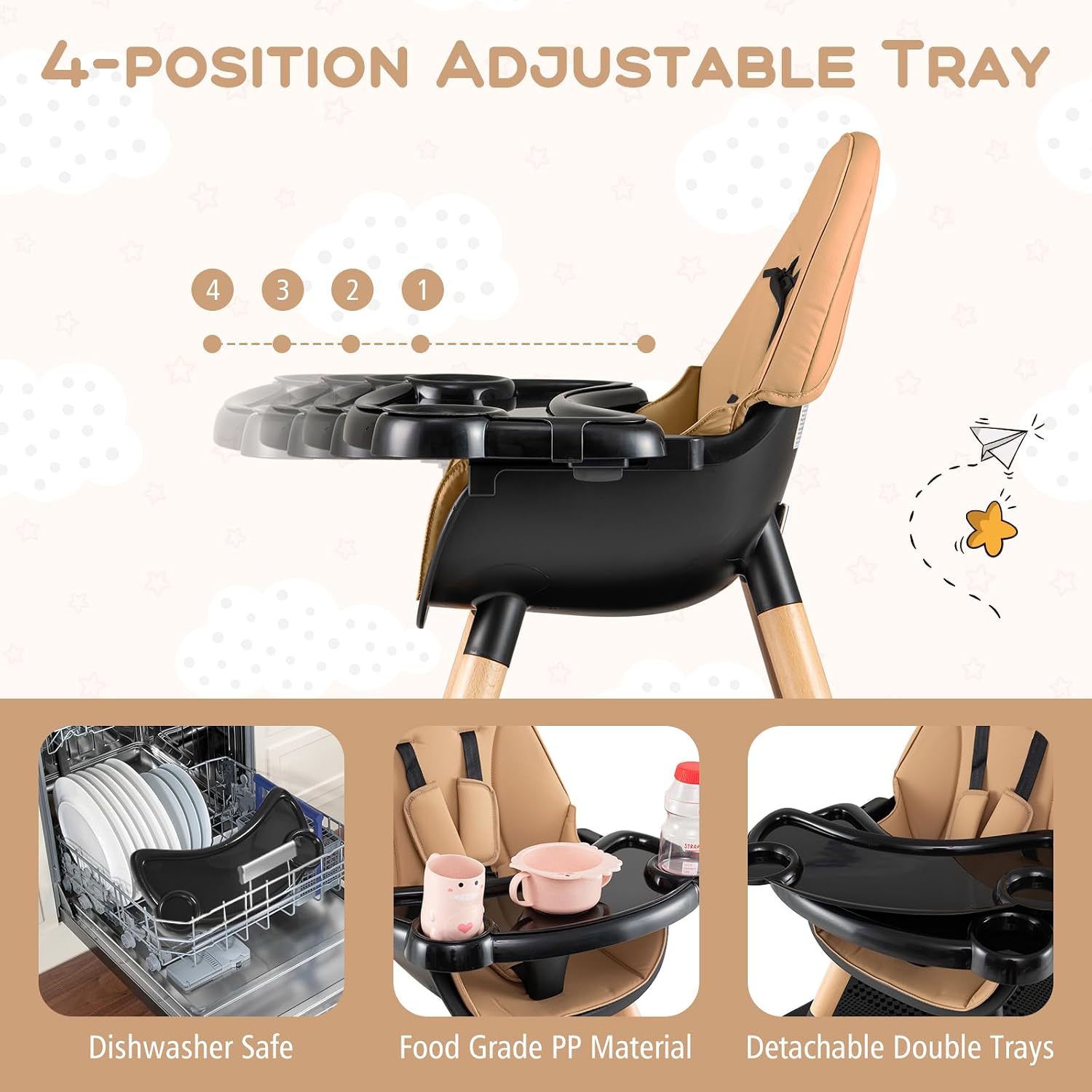 HONEY JOY Baby High Chair, 6-in-1 Convertible Wooden Highchair for Babies and Toddlers/Table Set/Toddler Chair with Safety Harness, 4-Position Removable Feeding Tray (Coffee)