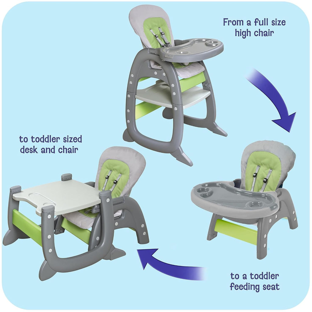 Badger Basket Envee II Convertible Baby High Chair with Infant Feeding Seat, Booster Seat, and Toddler Desk with Chair - Gray/Green
