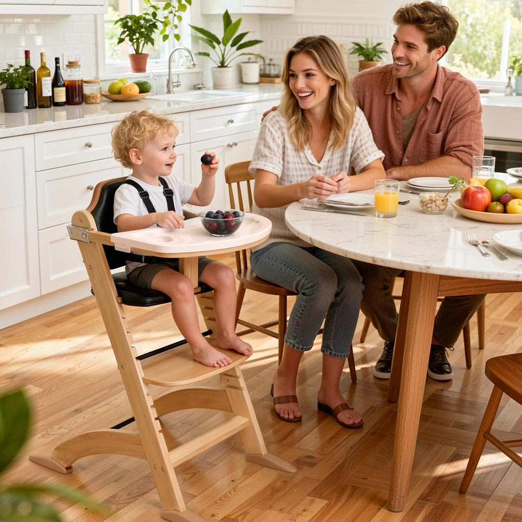 Cowiewie New Upgrade 3-in-1 Convertible Wooden High Chair for Babies & Toddlers 10 Levels Adjustable 3-Tier Remove 2 Waterproof Cozy Cushions Black