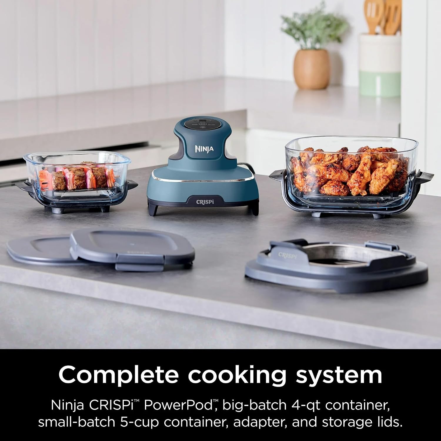 Ninja FN100ND Crispi Air Fryer, Microwave, Freezer & Dishwasher Safe, Non Toxic Glass Portable Cooking System, 4 QT & 5 Cup Glass Containers with Storage Lids, Easy Meals, Blue (Renewed)