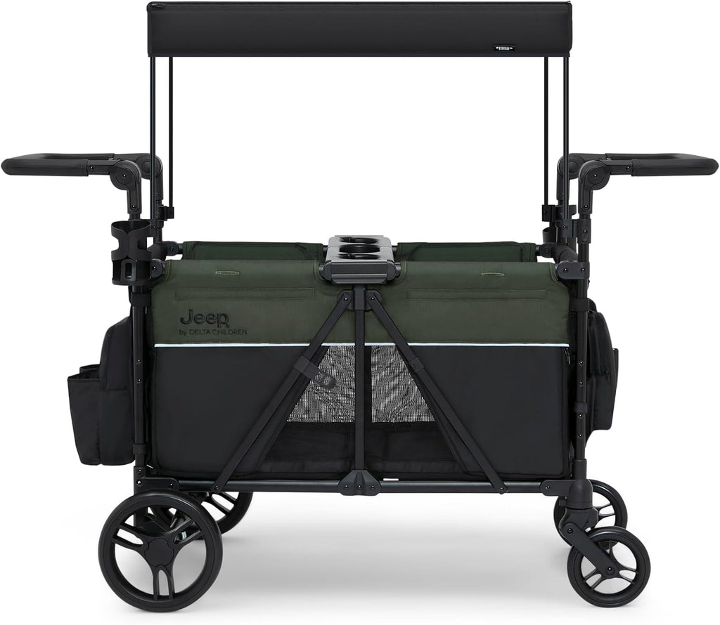 Jeep Aries Stroller Wagon by Delta Children Premium Wagon for 2 Kids with Convertible Seats, Adjustable Push/Pull Handles, Removable Canopy & Flat Fold - Greenguard Gold Certified, Black/Green
