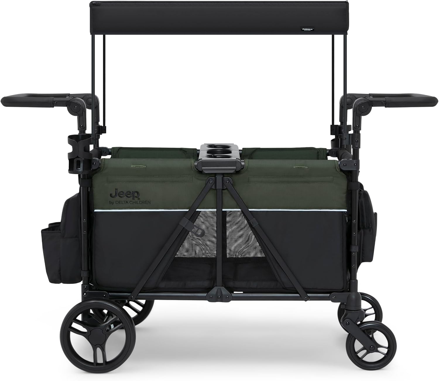 Jeep Aries Stroller Wagon by Delta Children Premium Wagon for 2 Kids with Convertible Seats, Adjustable Push/Pull Handles, Removable Canopy & Flat Fold - Greenguard Gold Certified, Black/Green