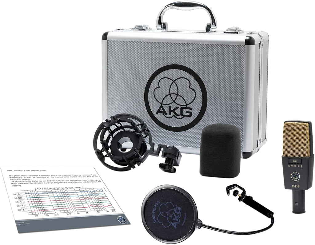 AKG Pro Audio C414 XLII Studio Grade Professional Large Diaphragm, Dual-Capsule, Vocal and Instrument Condenser Microphone with Rugged Aluminum Carrying Case. XLR Connector. Gray with Gold