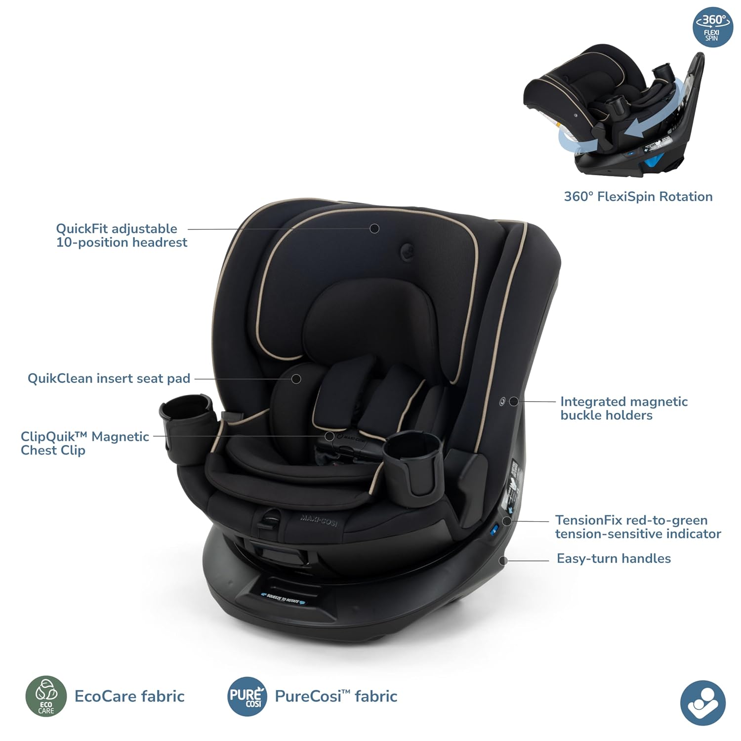 Maxi-Cosi Andi 360 Rotating All-in-One Baby Convertible Car Seat, Rear Facing, Forward Facing Infant Toddler Booster, Easy Rotation, Tension System, Harness Adjust, Caspian Caviar
