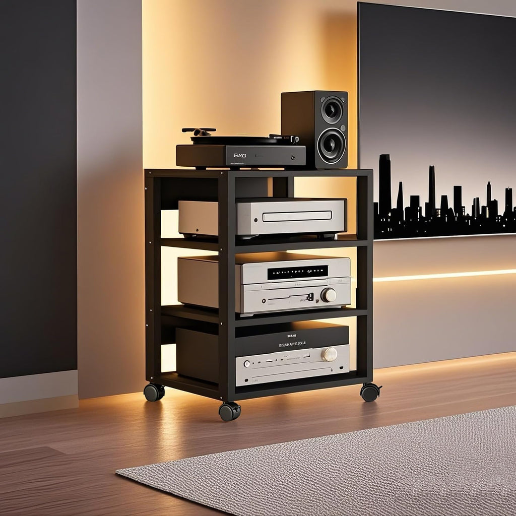 4 Tier AV Media Stand, Audio Rack Tower Stereo Components Cabinet, Home Theatre CD Record Player Stereo Receiver Equipment Rack with Adjustable Wood Shelves, Load 220lbs (Black)