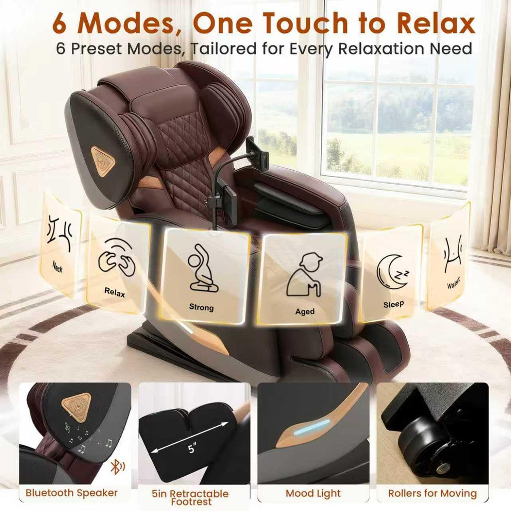 Luxury 3D Zero Gravity Full-Body Shiatsu Massage Chair with 10-Node Rollers,20 Airbags,Waist & Leg Heating, Bluetooth Audio, and Extendable Footrest - Home Relaxation Recliner (Brown)