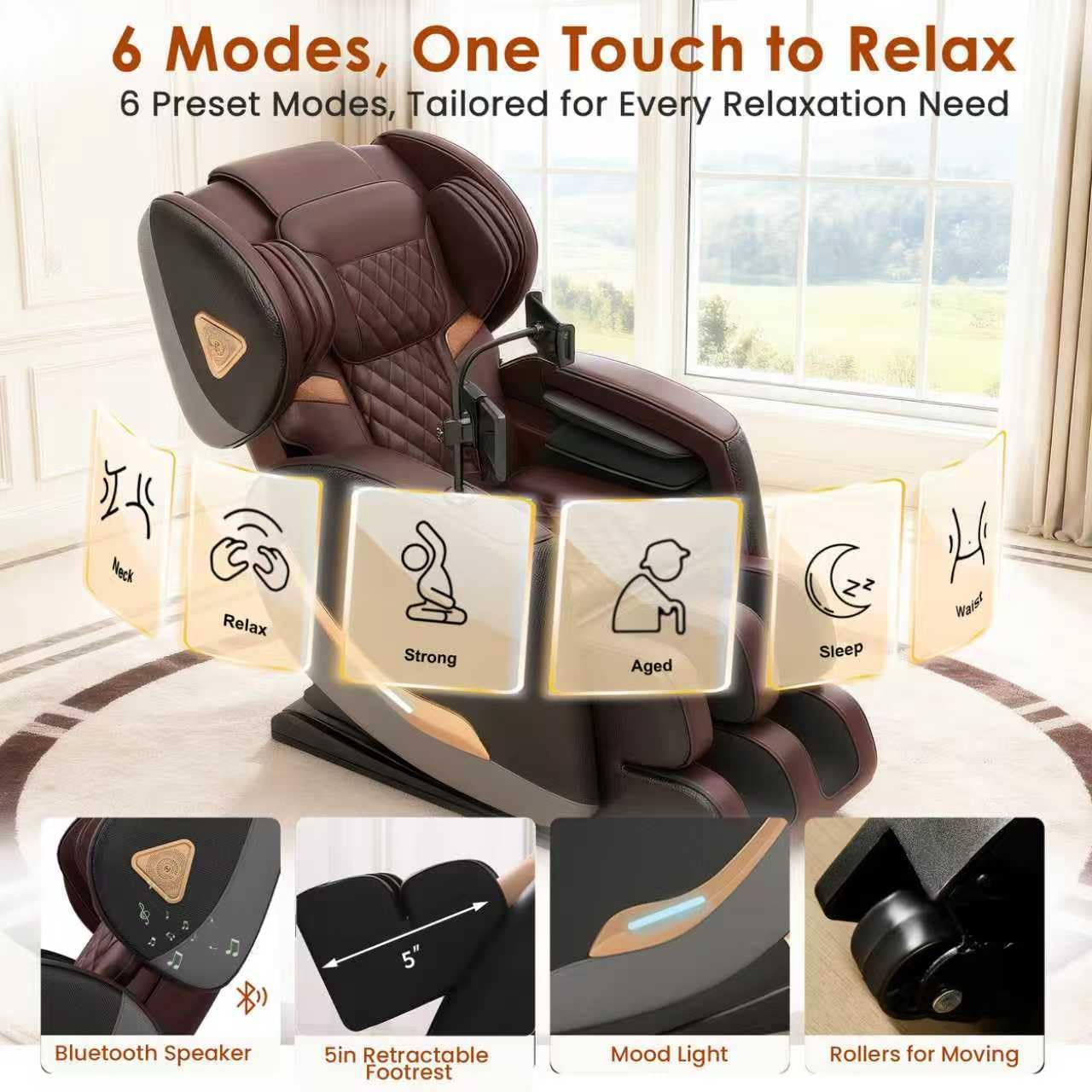 Luxury 3D Zero Gravity Full-Body Shiatsu Massage Chair with 10-Node Rollers,20 Airbags,Waist & Leg Heating, Bluetooth Audio, and Extendable Footrest - Home Relaxation Recliner (Brown)