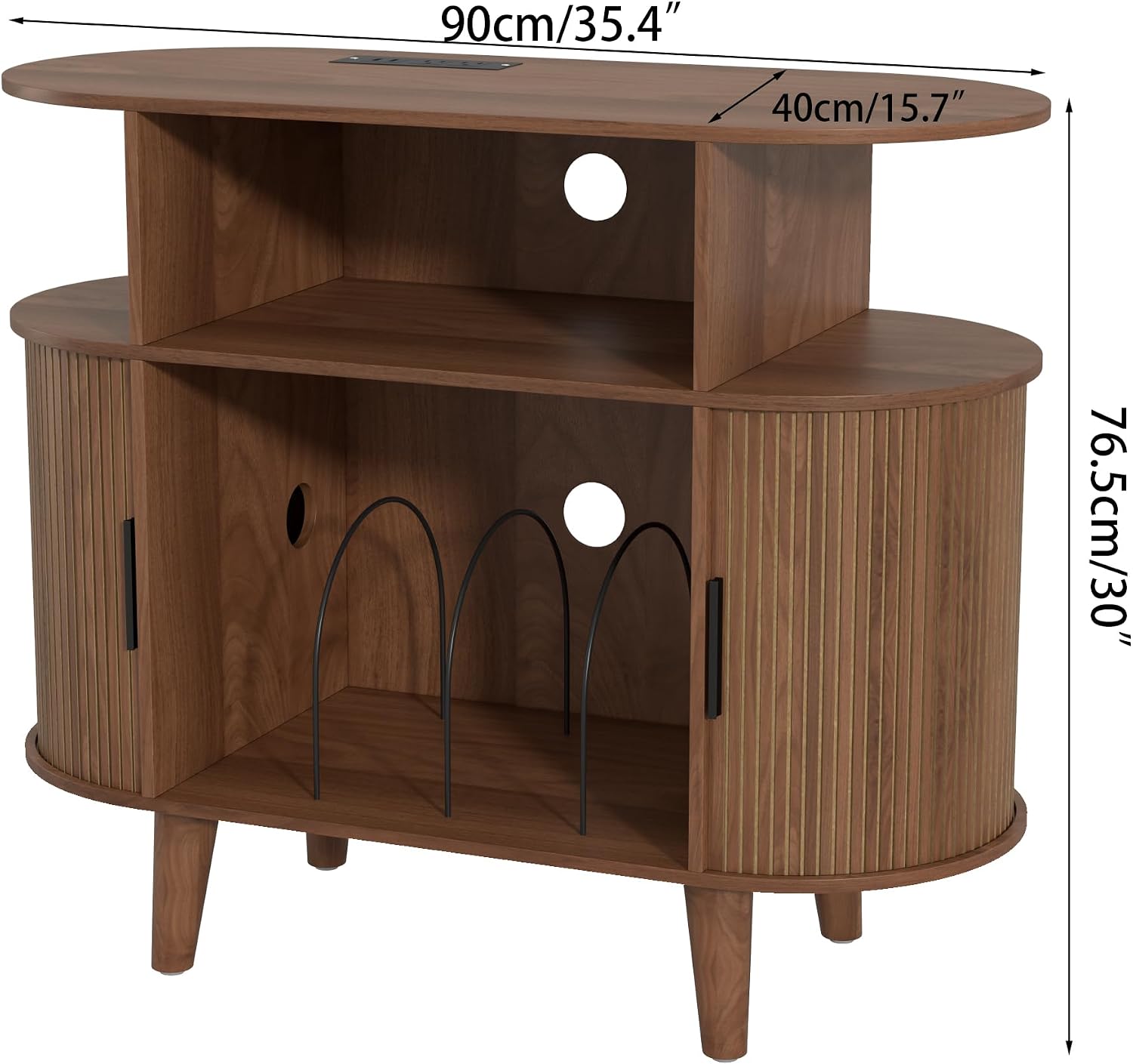LUVIOHOME Large Round Record Player Stand with Charging Station & USB Ports，Record Storage Cabinet, Mid Century Modern Turntable Stand for Bedroom Living Room (Small Brown)