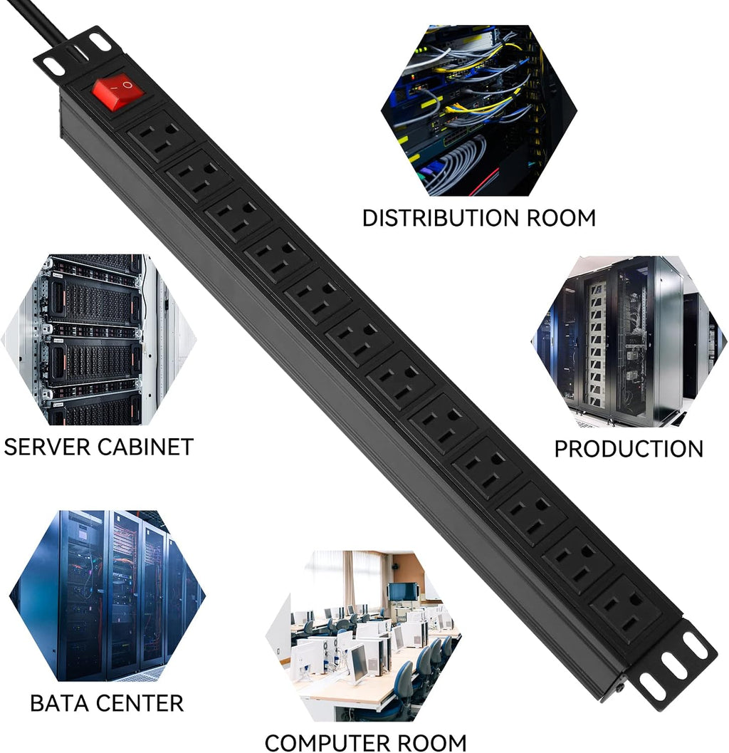 20PCS 12 Outlet Power Strips Surge Protector Rack-Mount PDU, Metal Mountable Power Strip with Switch, Heavy Duty Power Strips for Server Racks, Garage Shop, Industral Commercial (Black 6FT)