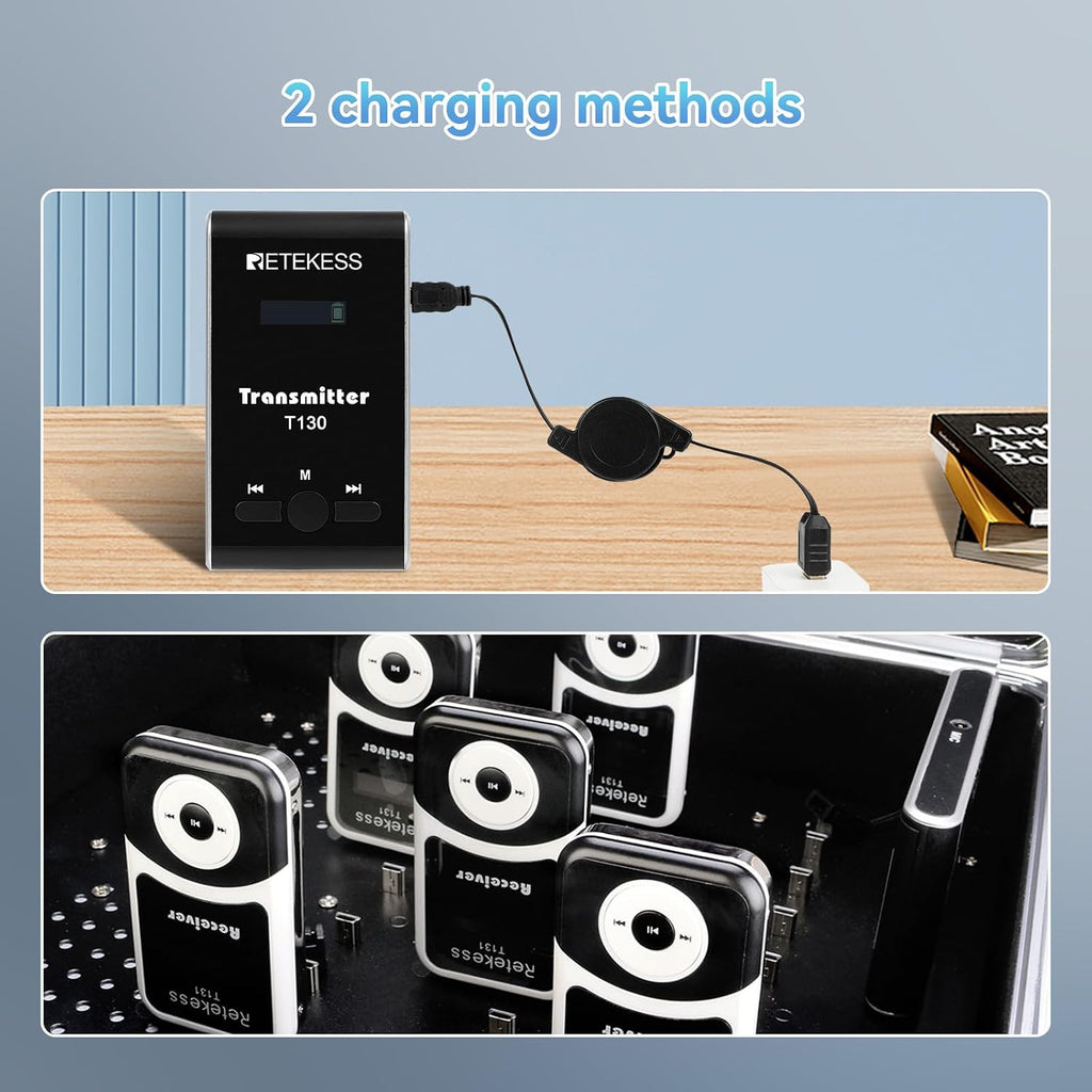Retekess T130 Wireless Tour Guide System, Tour Guide Microphone and Speaker, 64 Slot Charge Case, Tour Guide Headsets for Church,School (4 Transmitters and 60 Receivers)