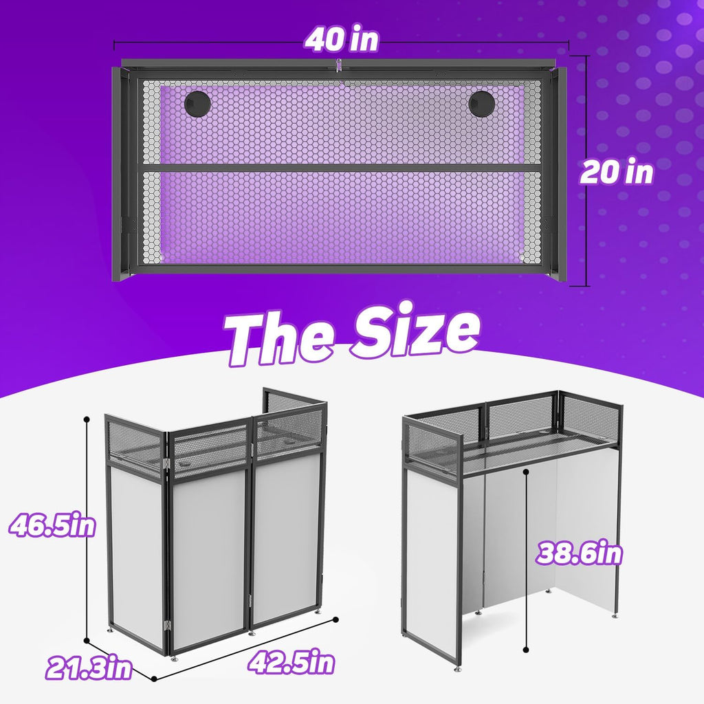 YooKoo Foldable DJ Booth for Tool-Free Assembly, DJ Table with White & Black Scrims, Metal Frame DJ Facade, DJ Stand with Cable Hole and Carry Bag, for Parties & Events & Small Studios