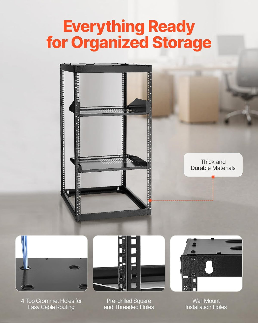 VEVOR 20U Server Rack, Open Frame Network Rack,4-Post Floor Standing or Wall Mounted, Includes 2PCS Vented 1U Rack Shelves & Mounting Hardware, Computer Wall Rack for 19' IT/AV Equipment