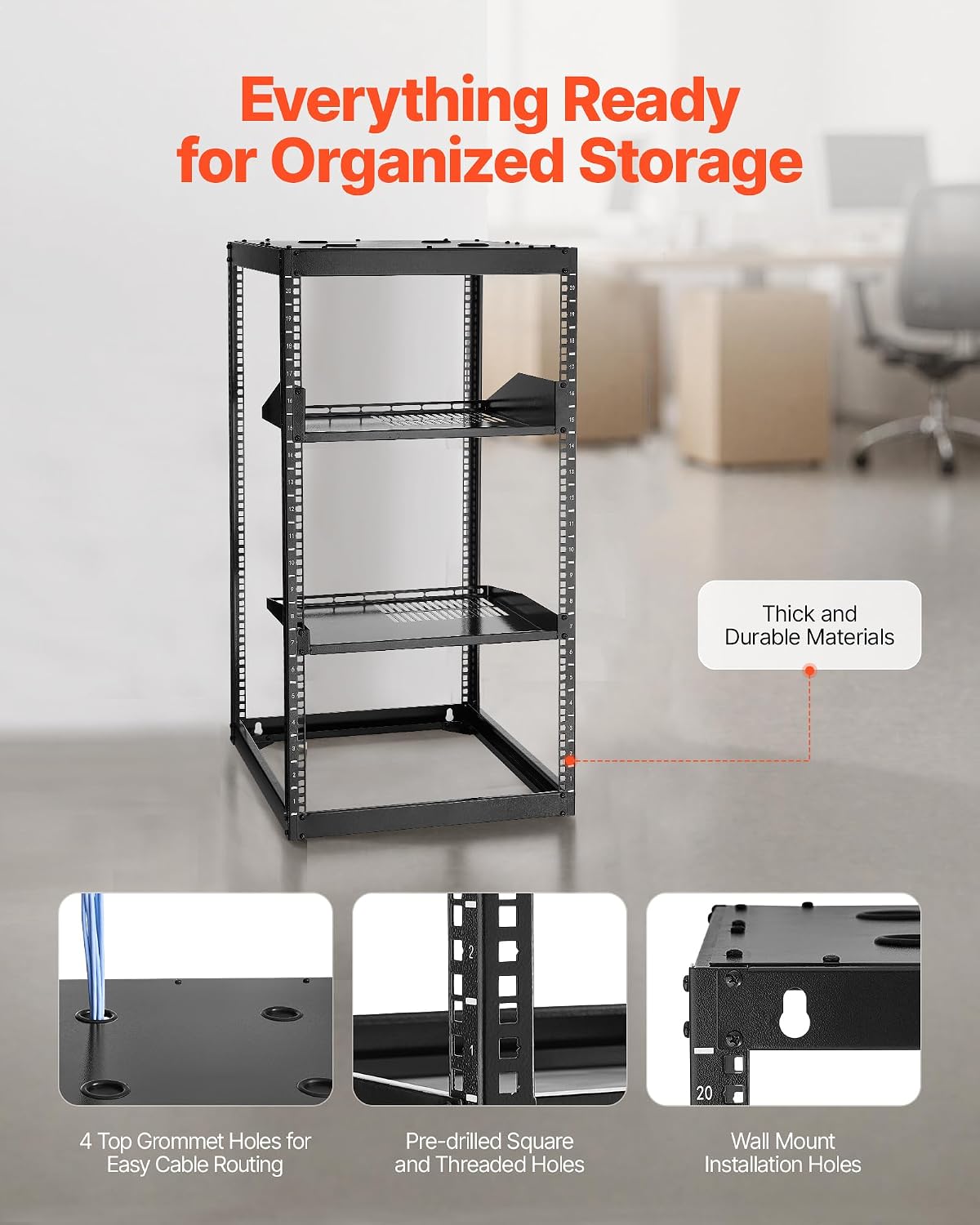 VEVOR 20U Server Rack, Open Frame Network Rack,4-Post Floor Standing or Wall Mounted, Includes 2PCS Vented 1U Rack Shelves & Mounting Hardware, Computer Wall Rack for 19' IT/AV Equipment