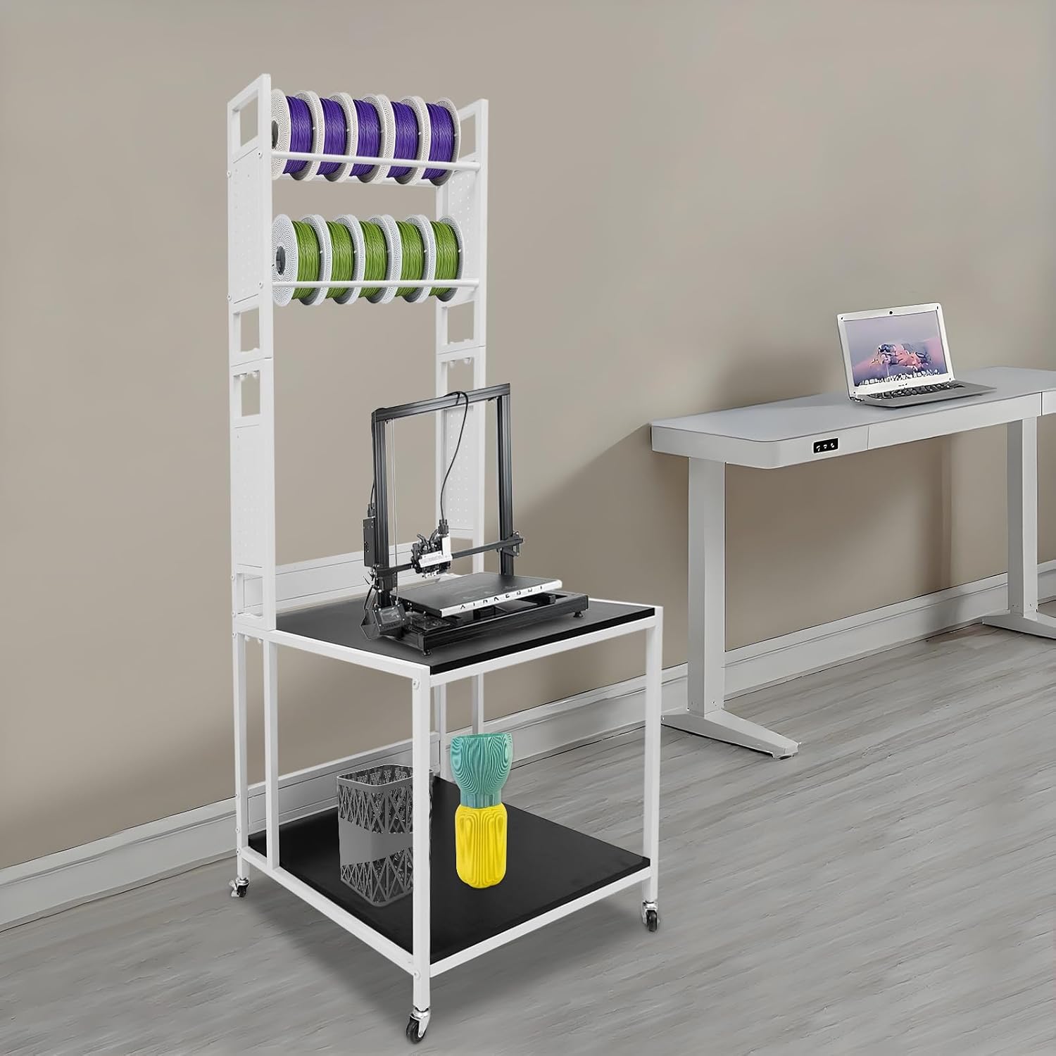 3D Printer Stand Double Layer 3D Printer Filament Storage Rack, Spools Holder Racks, Mobile Printer Table with Wheels for Studio Office Storage and Organization (White)