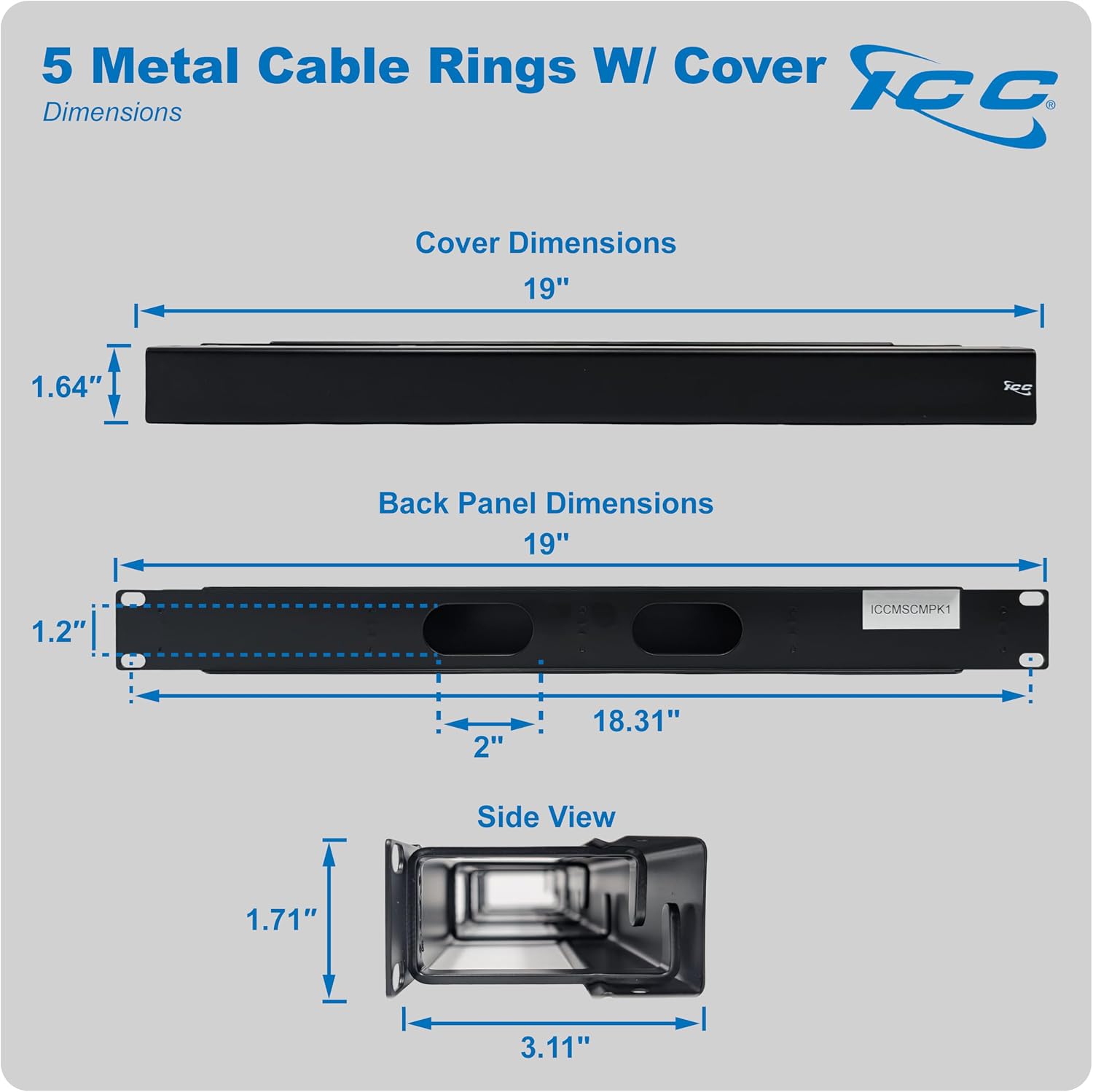 ICC 1U Ring Cable Manager Panel with Cover, Metal, 3' Cable Distribution D Rings, Horizontal Cable Management, Rackmount for 19' Network Racks, Black, 6-Pack