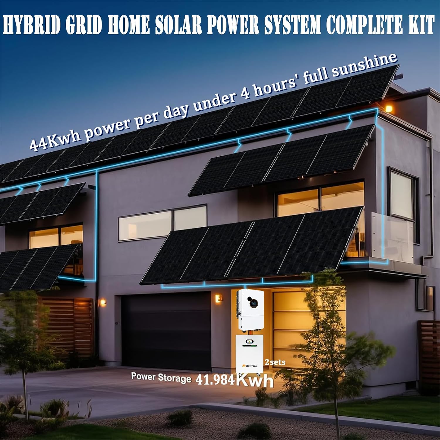 11000W Hybrid Grid Home Solar Power System Complete kit with 12KW Solar Hybrid Inverter,2sets 48V 21KWh LiFePO4 Battery 20PCS Bificial 550W Solar Panels with MPPT Controller 120/240Vac