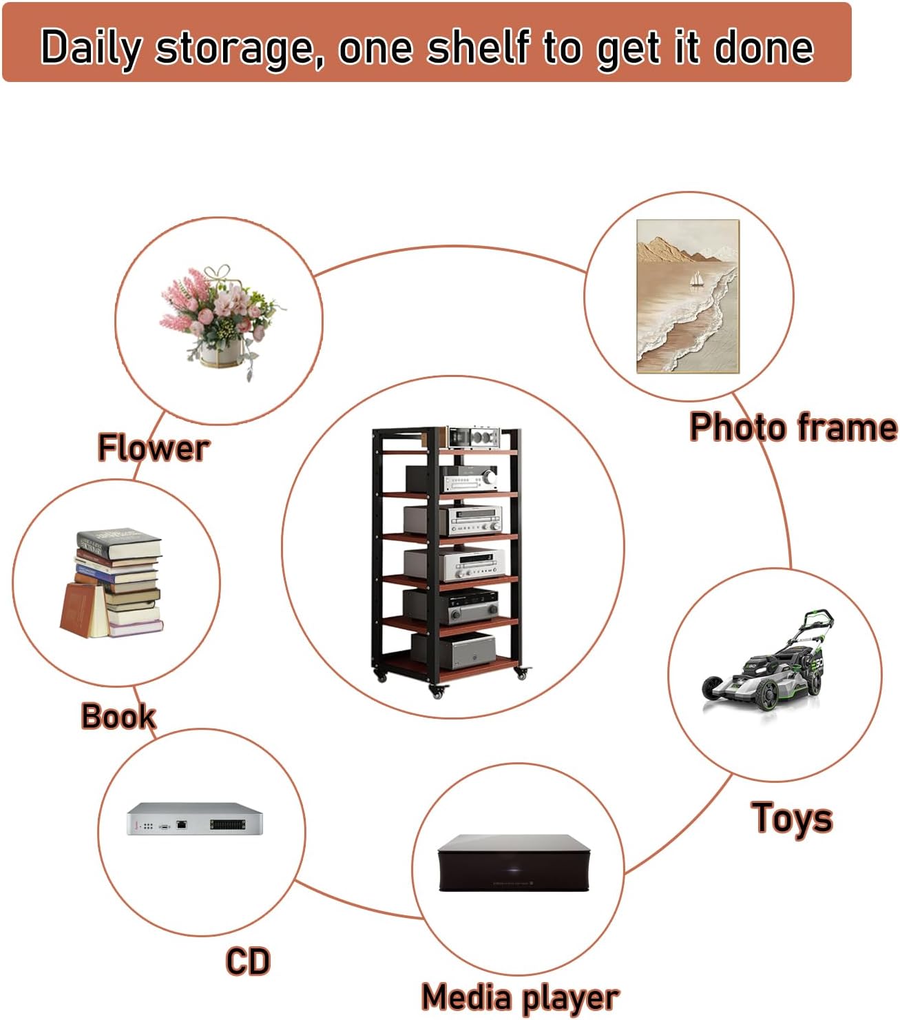 6 Tier Audio Rack Tower, CD Record Player Stereo Receiver AV Equipment Cabinet Display Rack, Weight Capacity 661 lbs, with Adjustable Wooden Shelves for Home (6 Tier Teakwood)