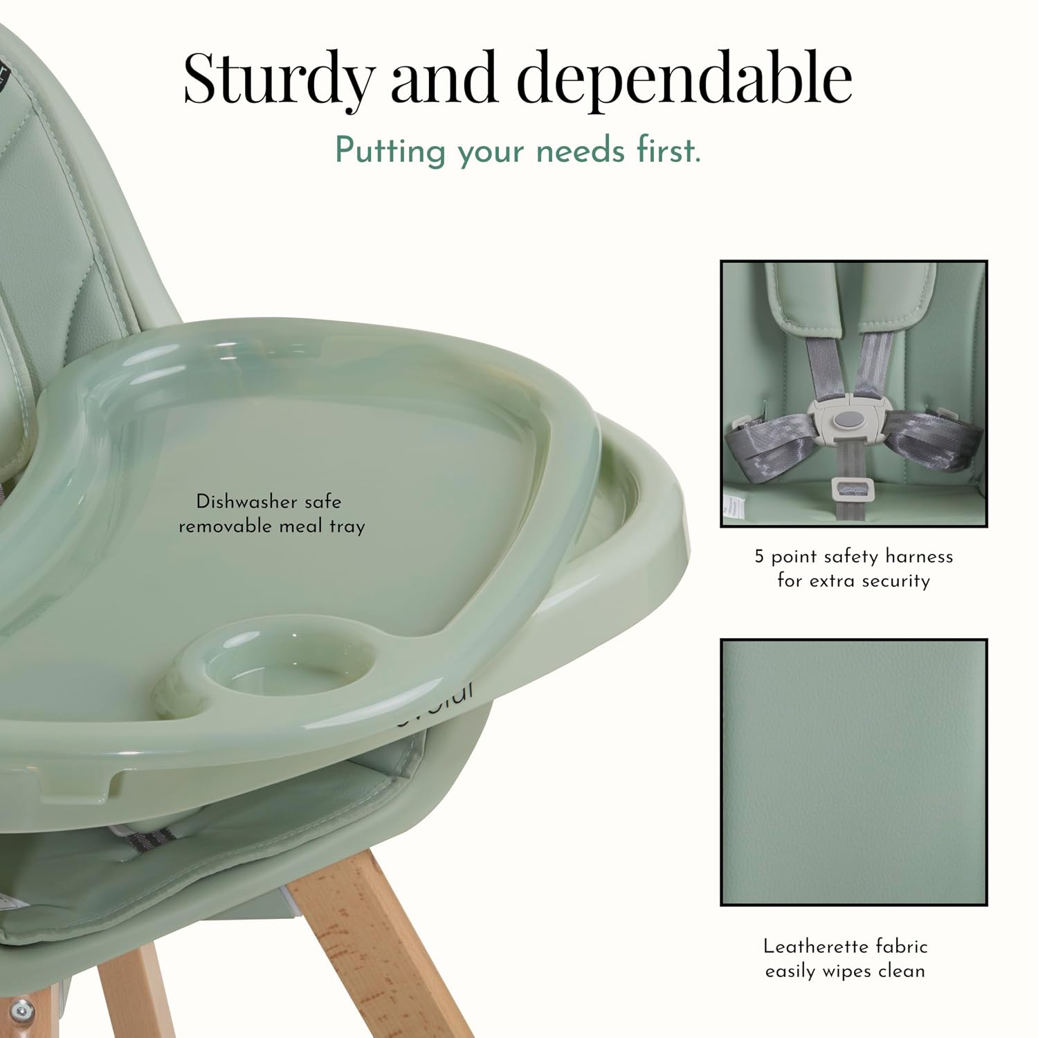 Evolur Zoodle 2-in-1 High Chair for Baby & Toddler – Convertible High Chair to Toddler Chair, Padded Seat, 5-Point Safety Harness, Dual Dishwasher-Safe Trays, Solid Beechwood Legs – Sage Green