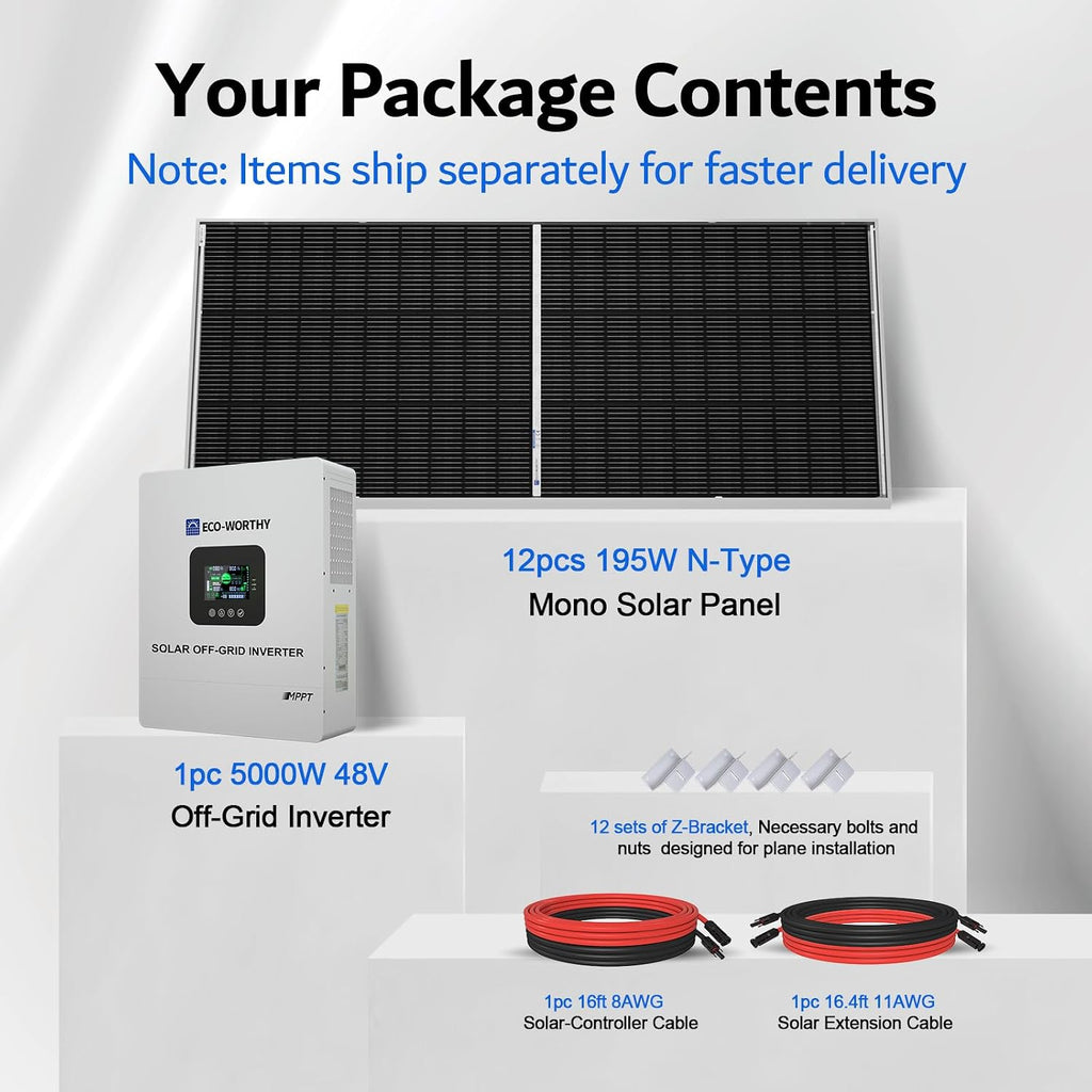 ECO-WORTHY 9.36KWH 2340W 48V Solar Power System Kit Off Grid Solar Panel Kit with 5000W 48V All-in-One Off-Grid Charge Inverter and 12pcs 195W Mono Solar Panel and Z Mounting Brackets.Plug and Play