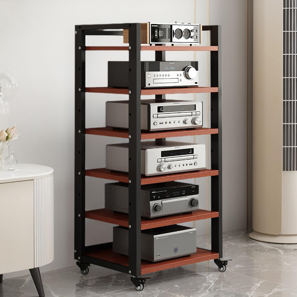 6 Tier AV Media Stand, Movable Record Player DVD CD Audio Rack Tower Holder, Adjustable Entertainment Video Game Equipment Console Shelf for Home/Office/Theater (Brown)