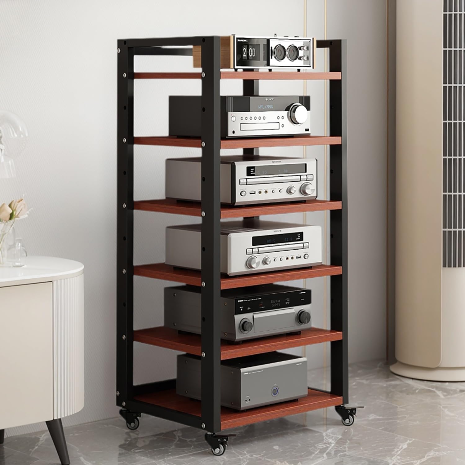 6 Tier AV Media Stand, Movable Record Player DVD CD Audio Rack Tower Holder, Adjustable Entertainment Video Game Equipment Console Shelf for Home/Office/Theater (Brown)