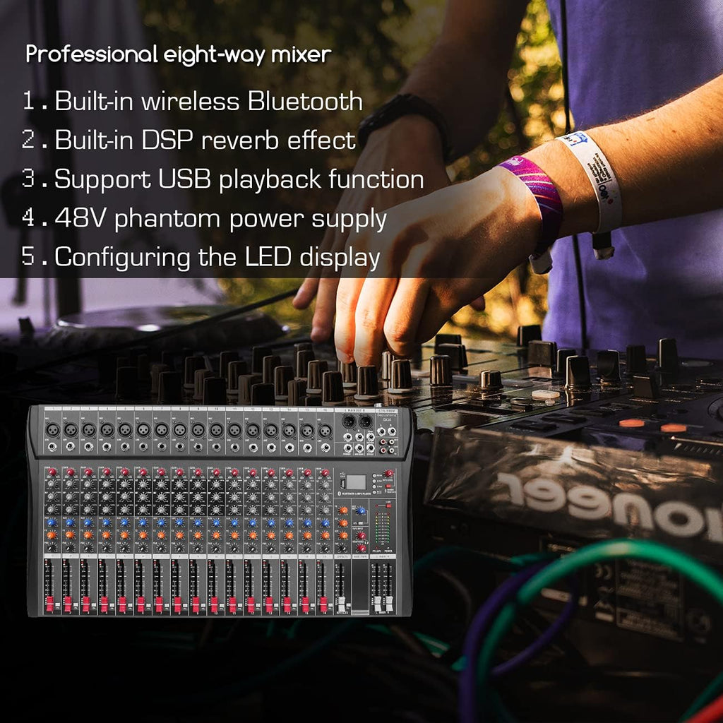 Depensheng DX16 DJ Sound Controller Interface w/USB Drive for Computer Recording 16-Channel Studio Audio Mixer - XLR Microphone Jack, 48V Power, RCA Input/Output for Professional and Beginners