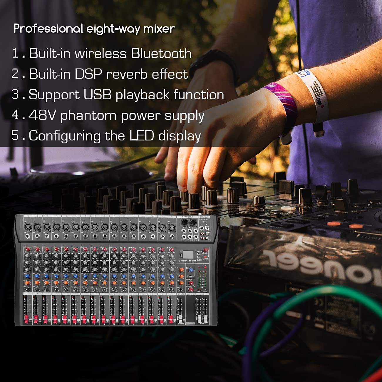 Depensheng DX16 DJ Sound Controller Interface w/USB Drive for Computer Recording 16-Channel Studio Audio Mixer - XLR Microphone Jack, 48V Power, RCA Input/Output for Professional and Beginners