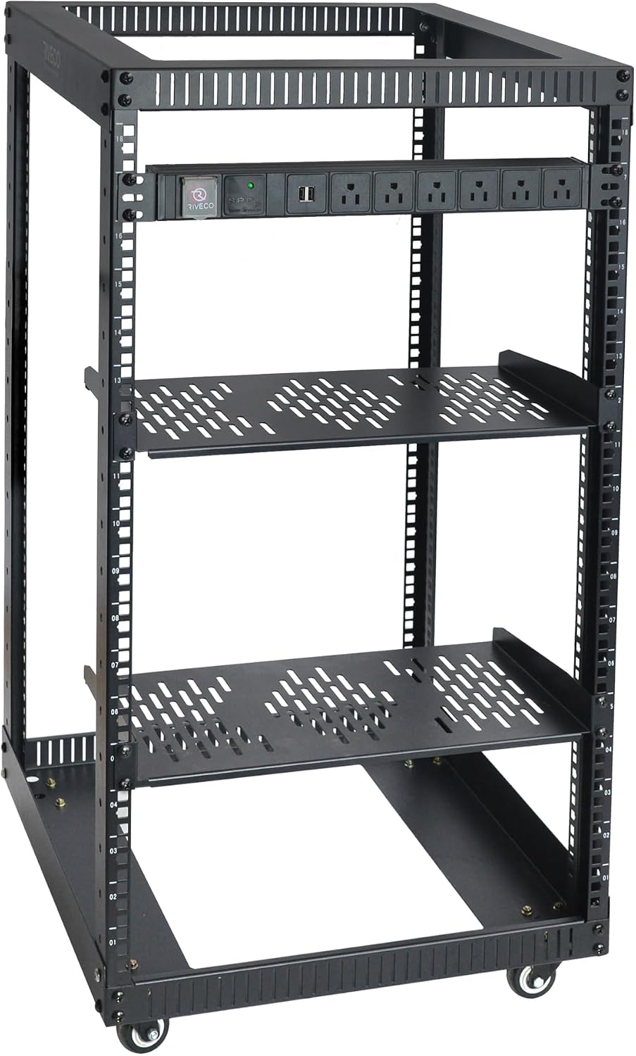 RIVECO 18U Open Frame Server Rack with Brake Casters + PDU (8 Outlets) Power Strip Surge Protector + 2 PCS Rack Shelves Cantilever Tray Set Black