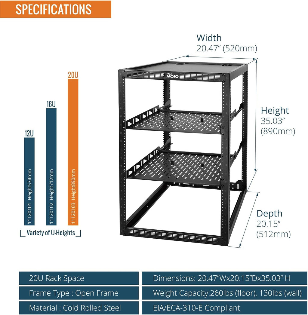 Tecmojo 20U Open Frame Network Rack for IT & AV Gear, AV Rack Floor Standing or Wall Mounted,with 2 PCS 1U Rack Shelves & Mounting Hardware,Network Rack for 19' Networking,Audio and Video Device