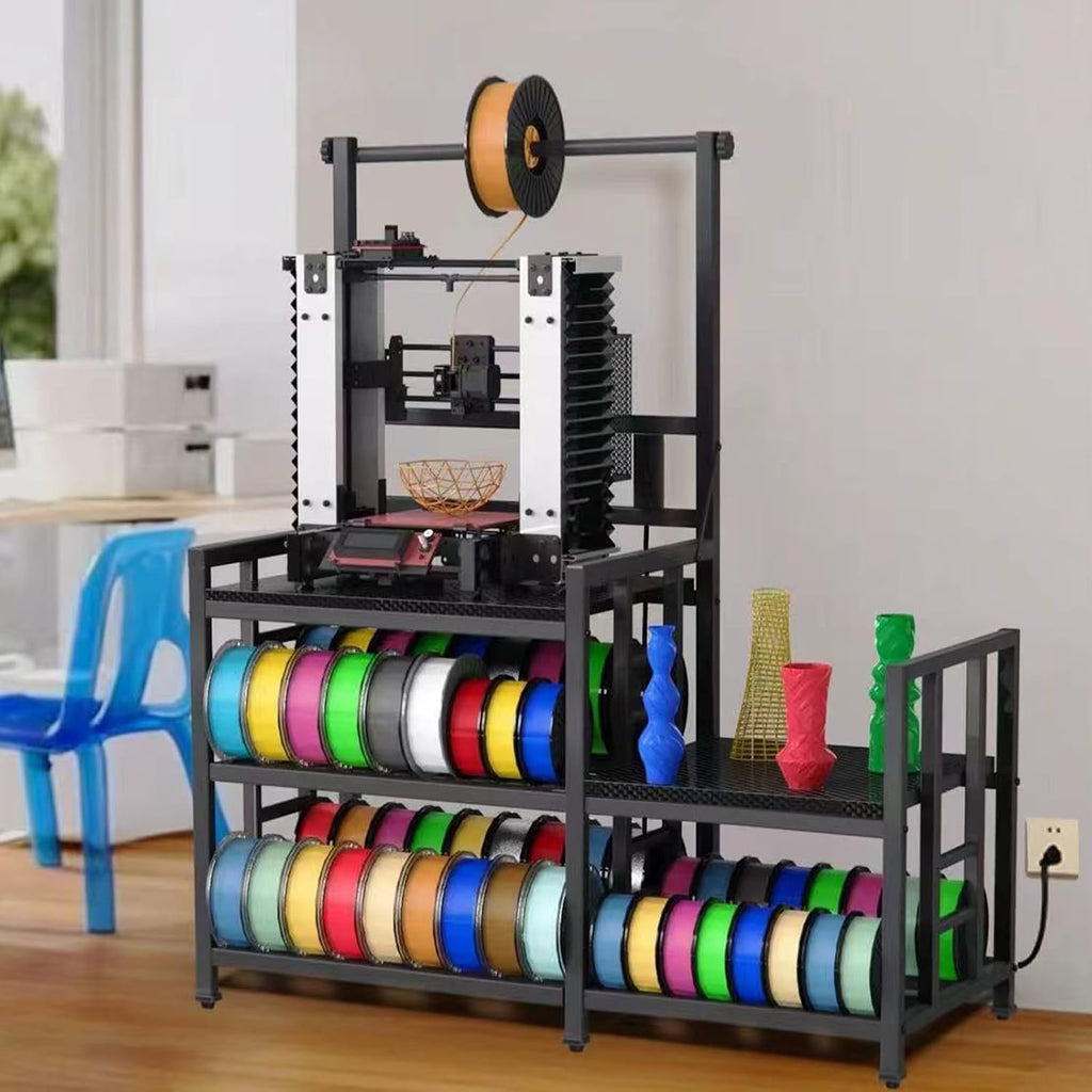 3D Printer Table with Filament Storage Printer Stand with Power Outlet,Heavy Duty 3D Printer Storage rack for ABS, PLA, TPU Filament Spools, Home Offices and Studios Carbon Fiber Black