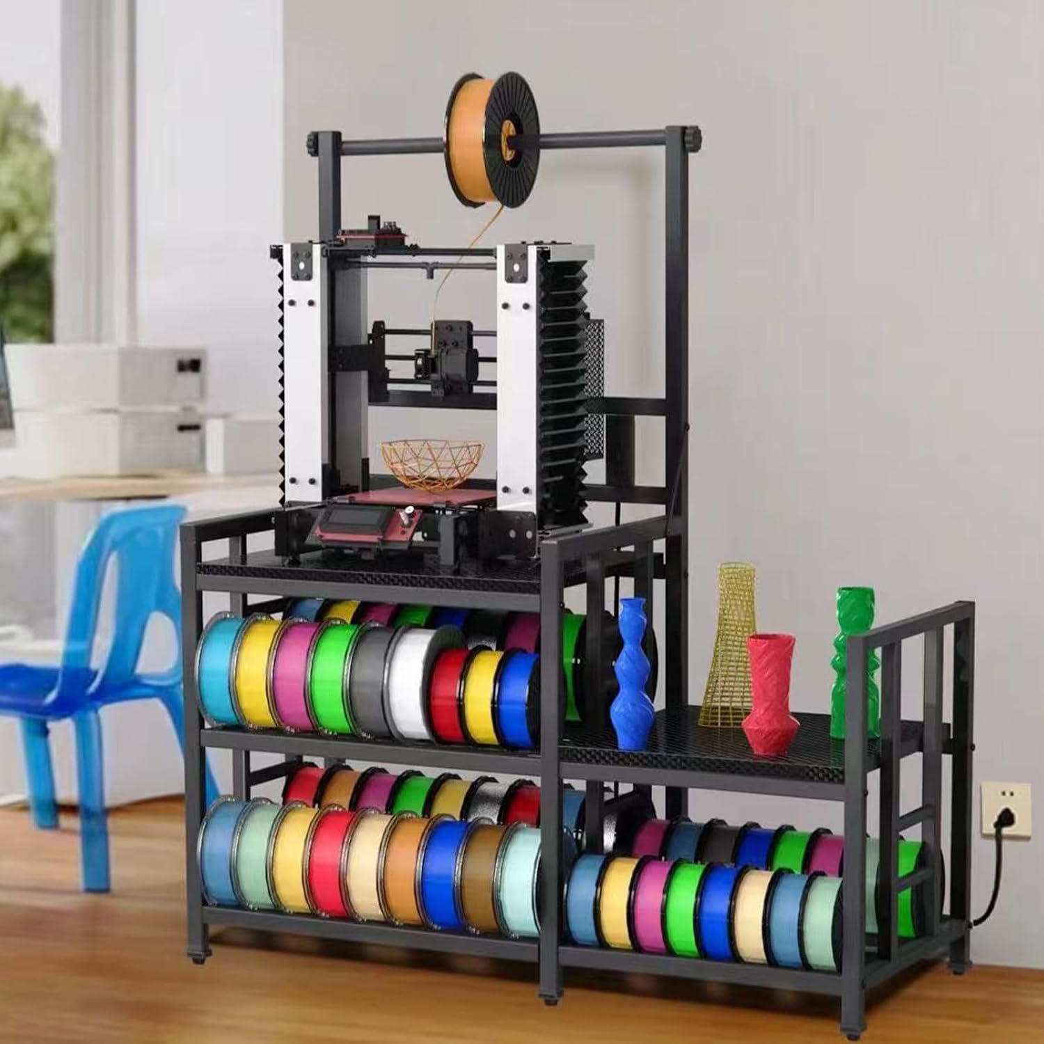 3D Printer Table with Filament Storage Printer Stand with Power Outlet,Heavy Duty 3D Printer Storage rack for ABS, PLA, TPU Filament Spools, Home Offices and Studios Carbon Fiber Black
