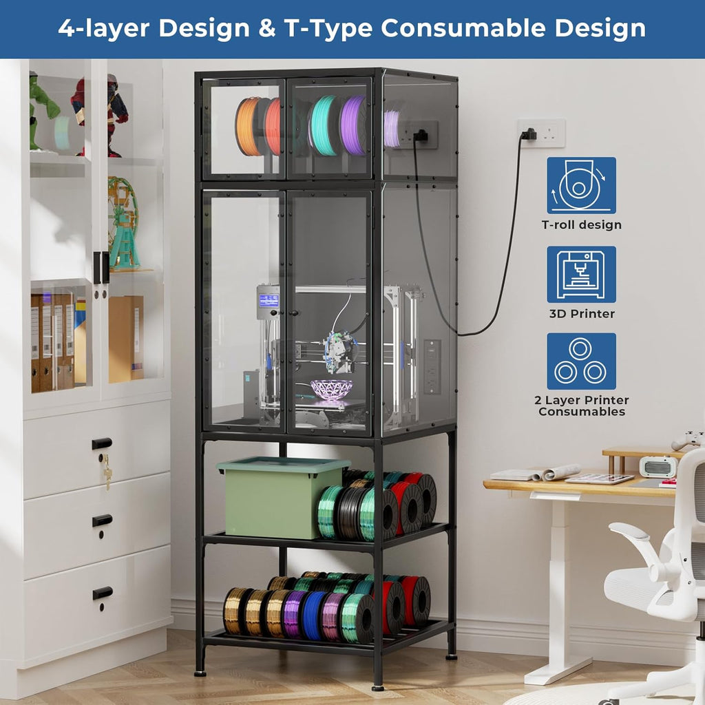 3D Printer Cabinet with Double Layer 3D Printer Filament Storage Rack, T-Shaped Filament Bar & Noise-Reducing, Dust-Proof Design, Suitable for Studio, Office Storage and Organization