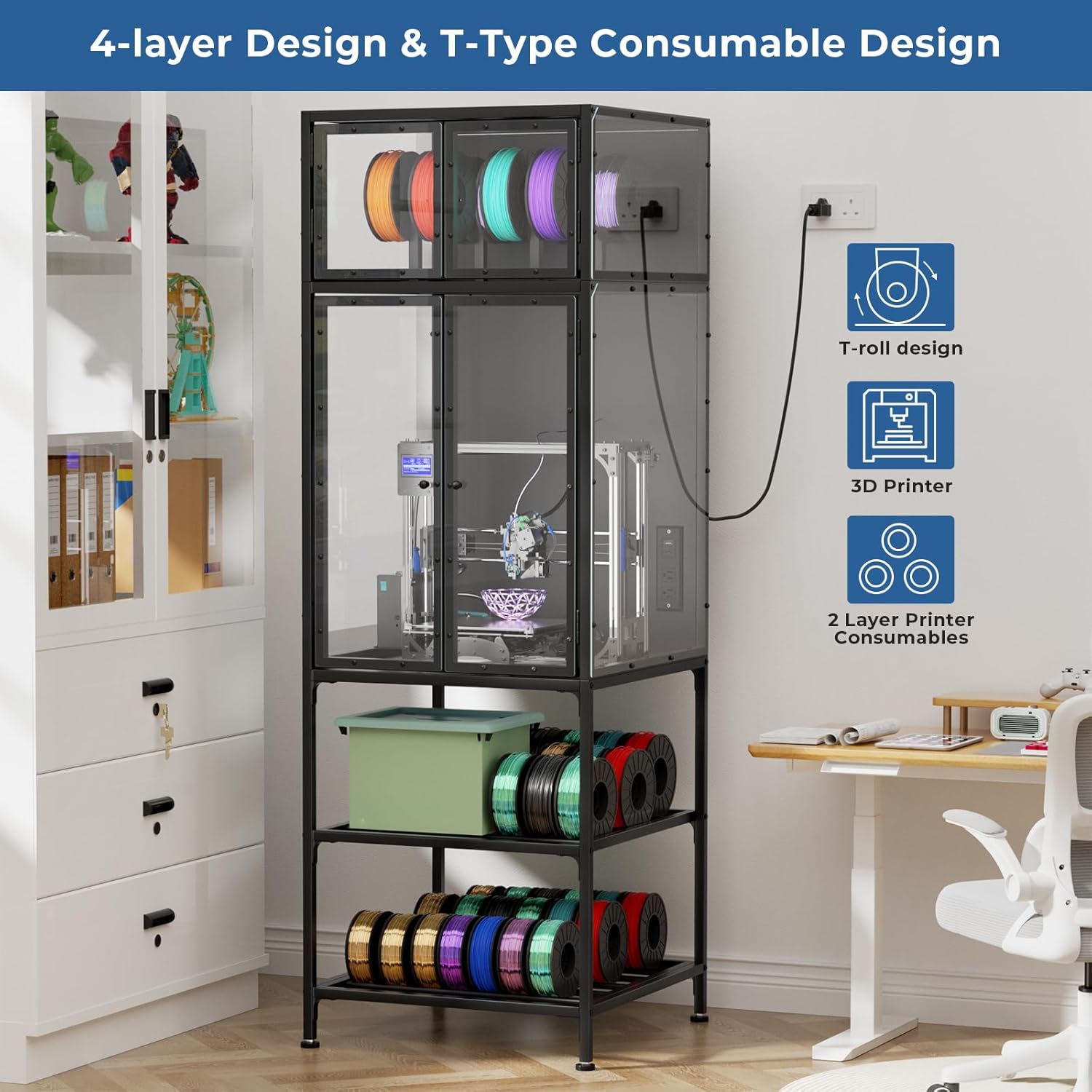 3D Printer Cabinet with Double Layer 3D Printer Filament Storage Rack, T-Shaped Filament Bar & Noise-Reducing, Dust-Proof Design, Suitable for Studio, Office Storage and Organization