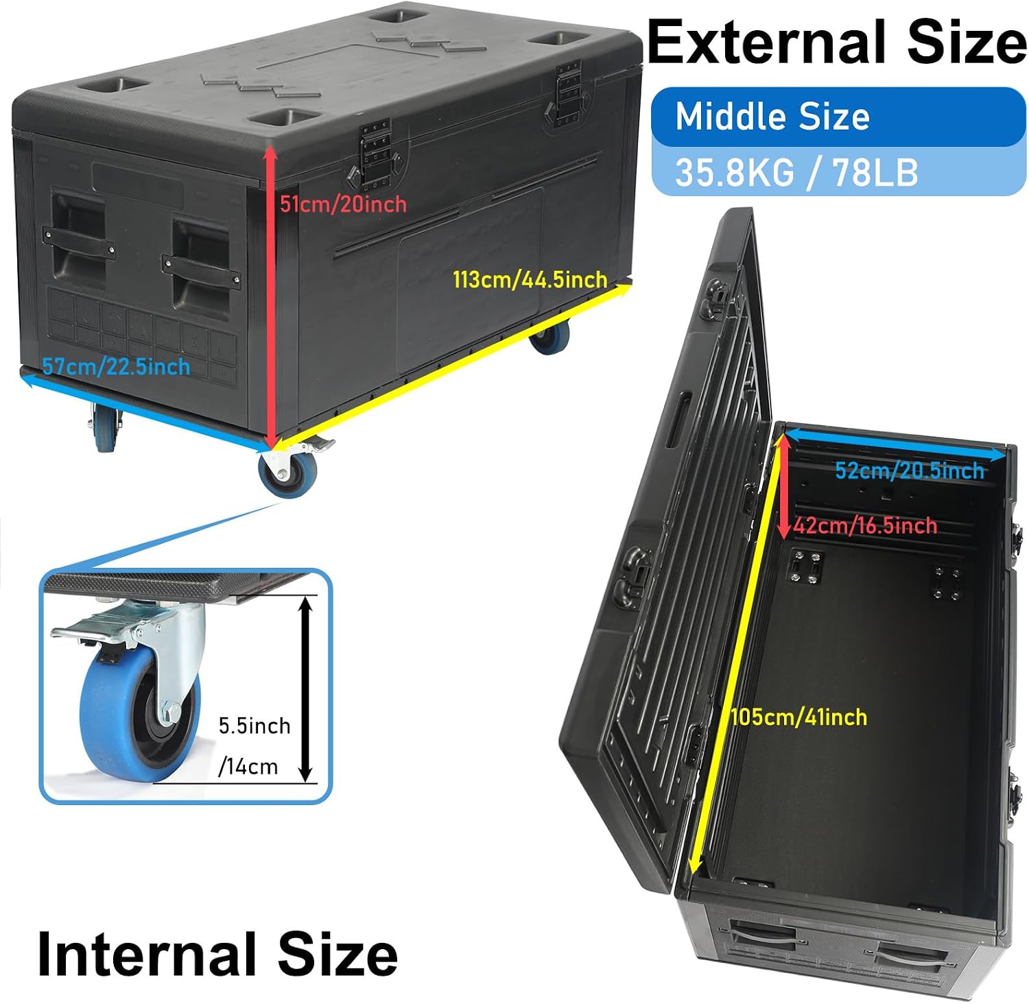 Cable Trunk Road Case with Wheels 44' x 22' x 25' Professional Stackable Heavy Duty ATA Rolling Road Case for DJ Equipment Storage Transport Touring with Casters
