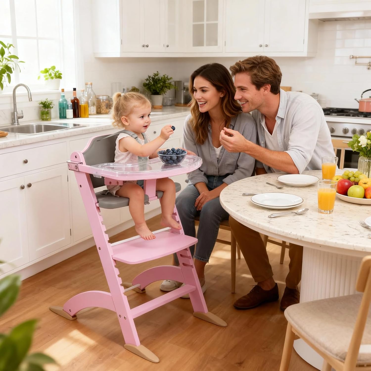 Cowiewie New Upgrade 3-in-1 Convertible Wooden High Chair for Babies & Toddlers 10 Levels Adjustable 3-Tier Remove 2 Waterproof Cozy Cushions Pink