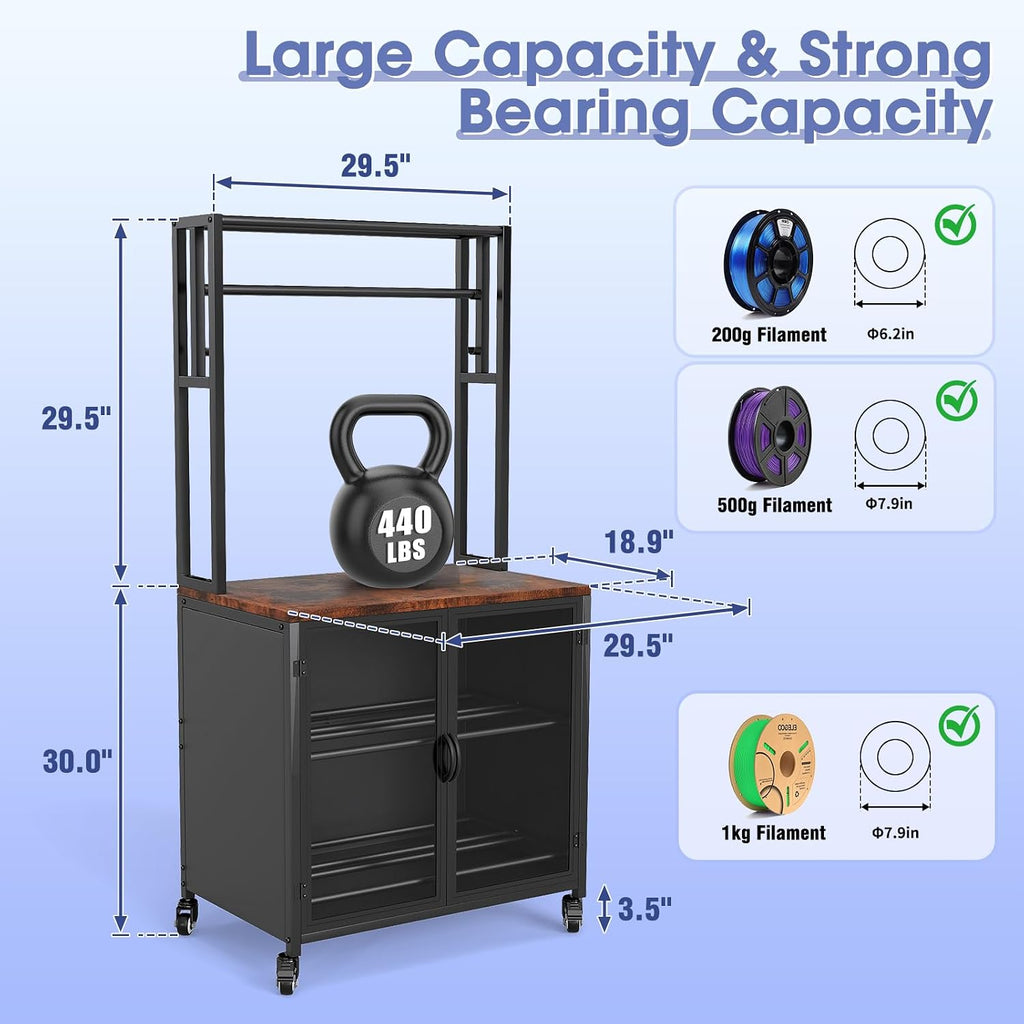 3D Printer Stand with Filament Storage,3D Printing Filament Organizing Table, with Wheels and Storage Cabinet, Heavy-Duty 3D Printer Workbench for Studios and Offices, Black